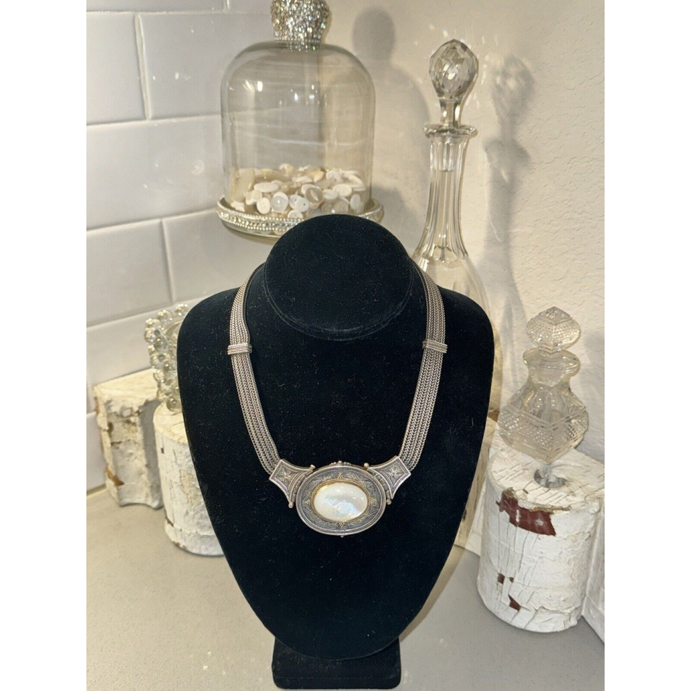 Savati 14kGold, Sterling Silver Multi Chain Byzantine Necklace Mother Of Pearl - Picture 3 of 6